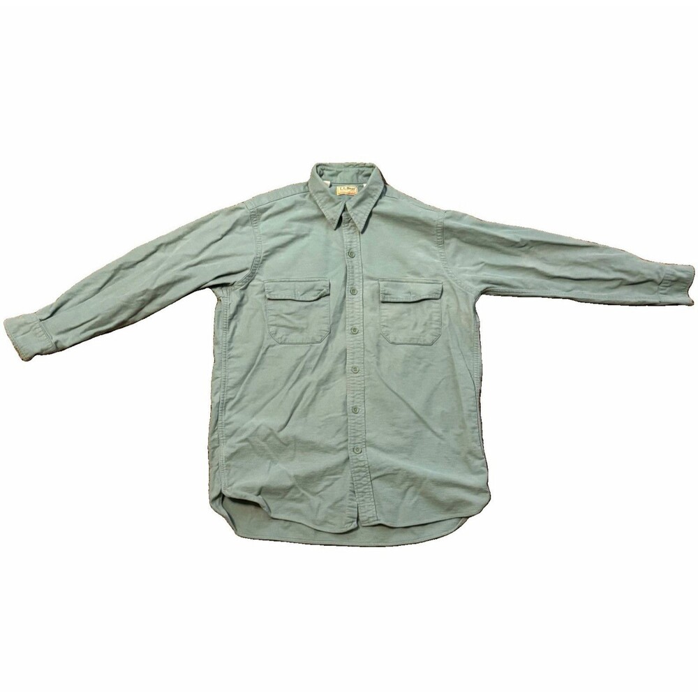 L.L.Bean Chamois Cloth Shirt Mens Large Green Solid Cotton Button-Up Pockets LS